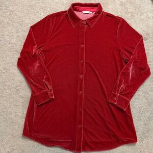 Soft Surroundings Velvet Boyfriend Tunic Button Up Shirt Red Valentines Luxe L